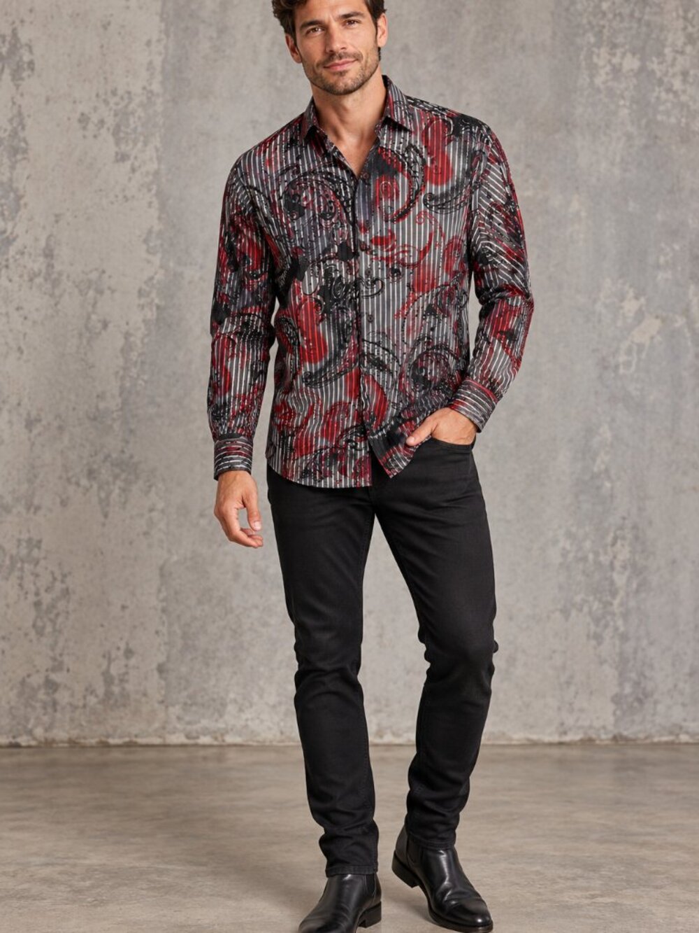 Men's Visconti Uomo Black  Shirt Red Gray Paisley Stripe Long Sleeve Size M